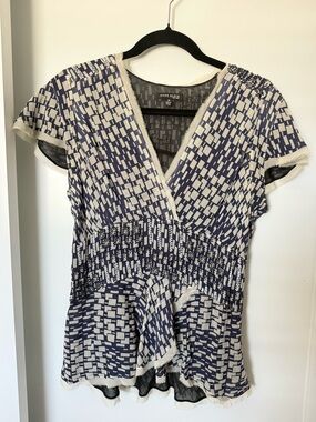 Anne Klein Blue and White Smocked V-Neck Short Sleeve Blouse